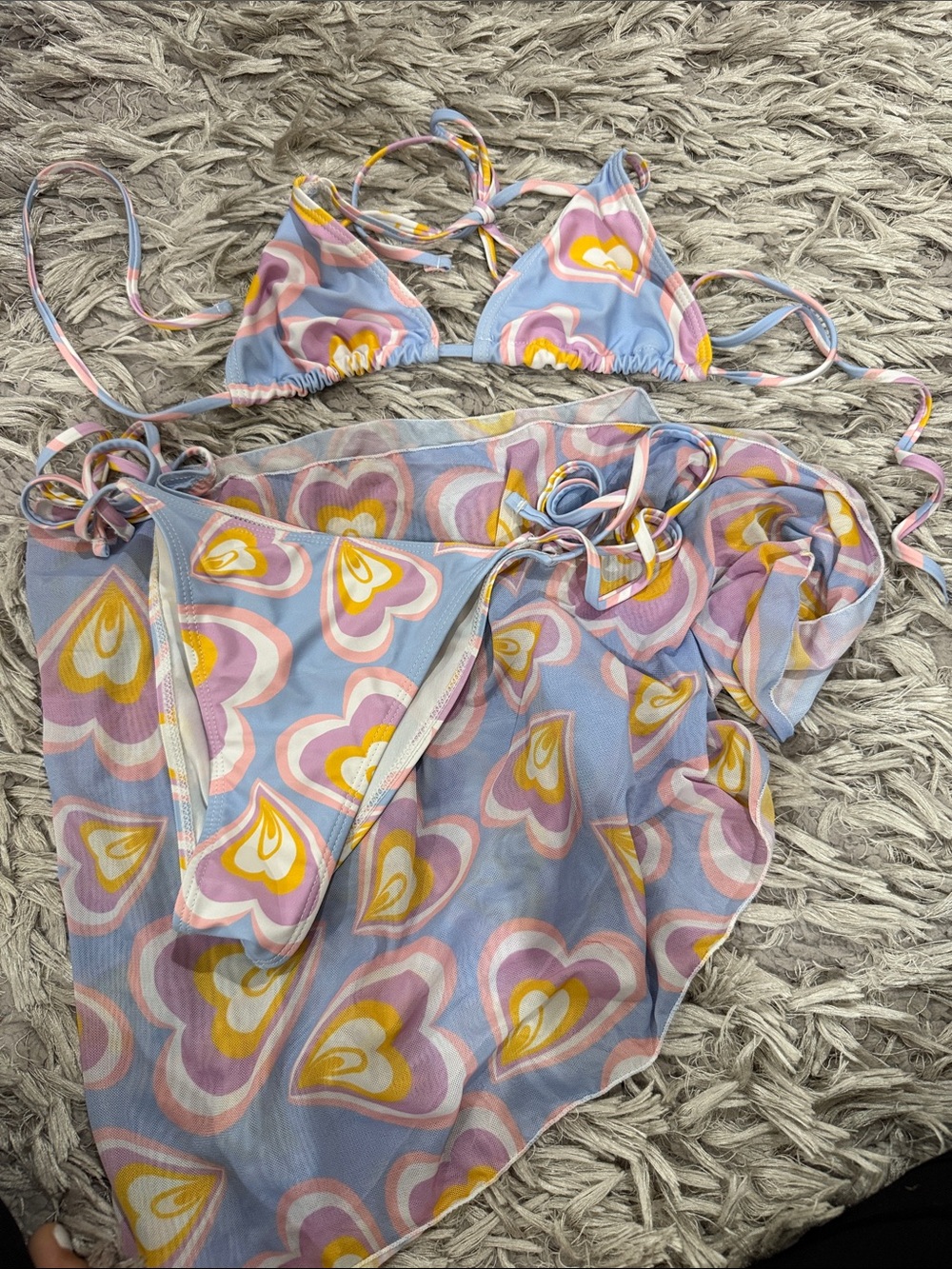Blue Multicolor Heart-Print Triangle Bikini Set with Sarong